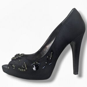 Nine West | Eyelight Black Satin Open-Toe Pumps Women's Size 7